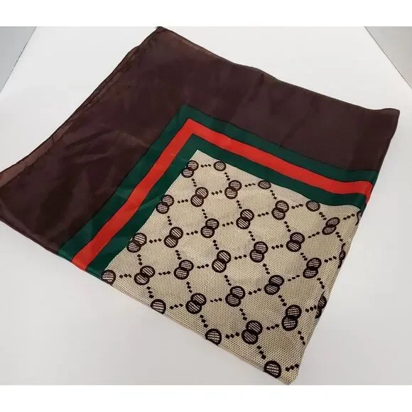 VTG Scarf Geometric 27" Square Brown/Red/Green/Tan Bordered Tennis Taiwan Nylon - Picture 1 of 6